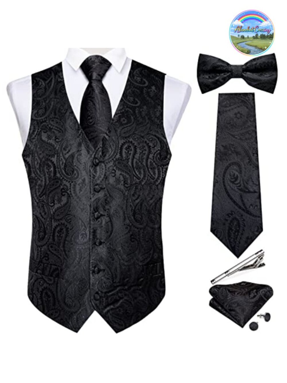 Silk Paisley Vest and Necktie Set 6PCS Pre-tied Bow Tie Formal Waistcoat